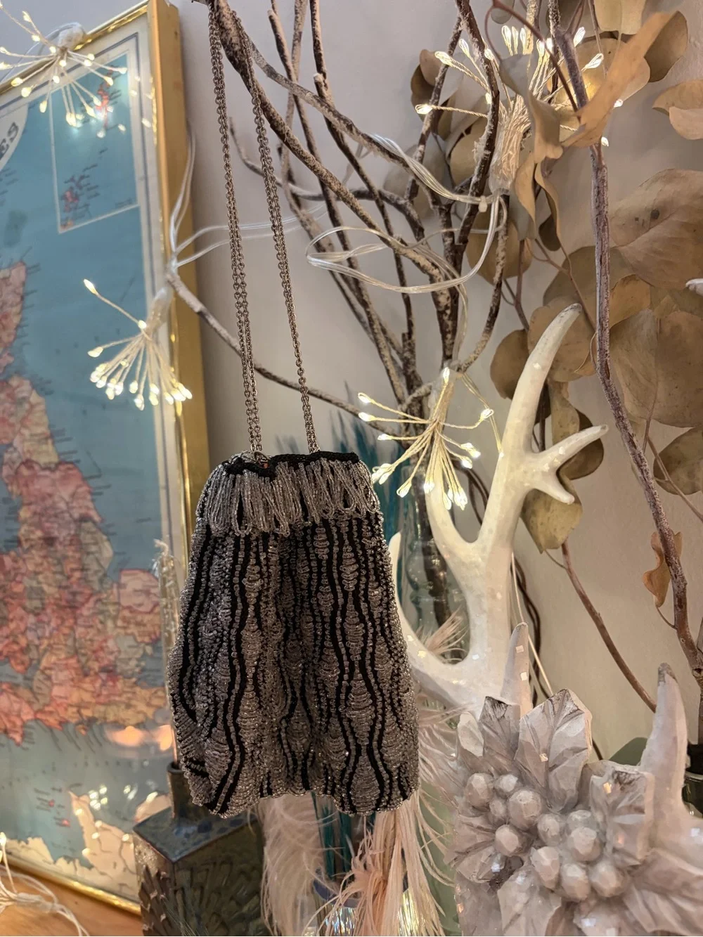Antique 1920s Art Deco Beaded Swag Purse Flapper Reticule Bag